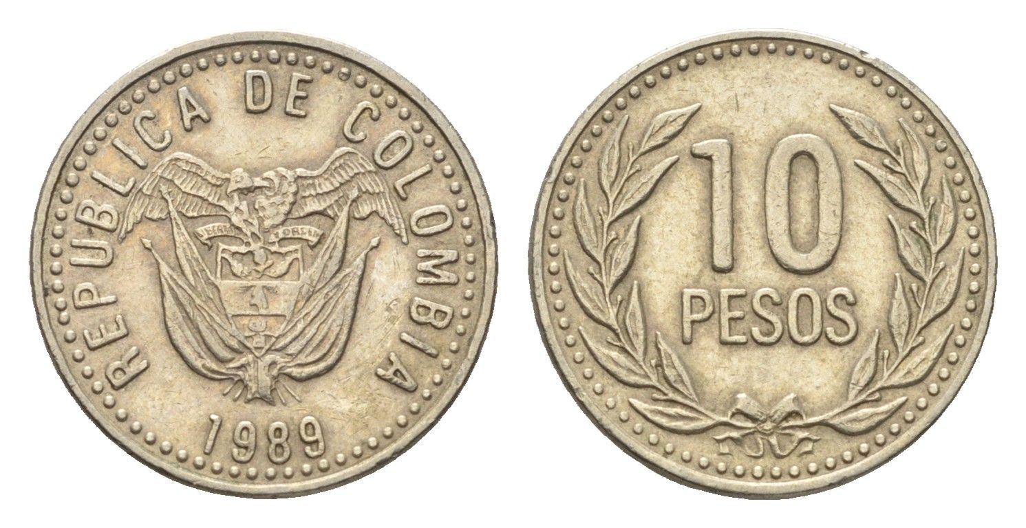 Колумбия 10 песо 1989 KM 281 медь цинк никель 4664-464