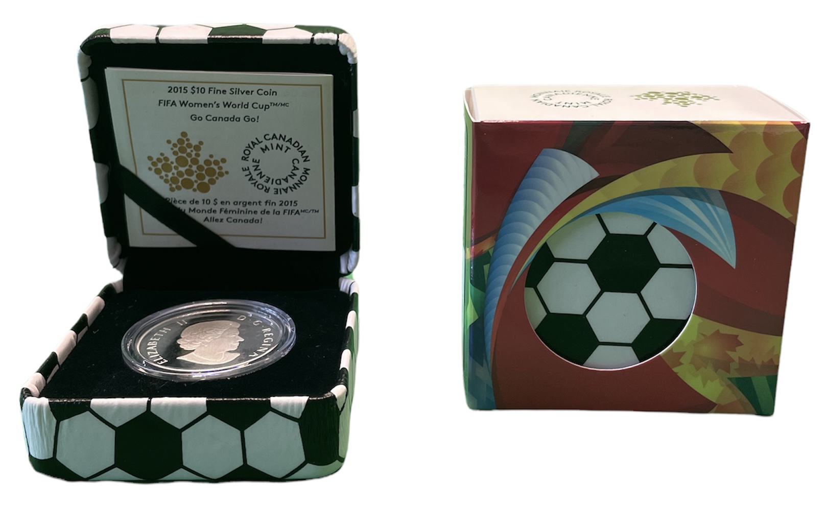 Канада набор из 7 монет 2015 FIFA, чемпионат мира по женскому футболу, в оригинальном буклете, шесть монет по 10 долларов, в оригинальных коробках, цветная эмаль KM NEW серебро PROOF 5-4-6-01