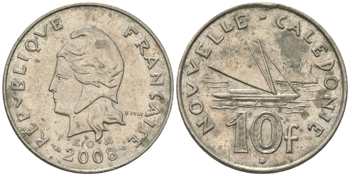 Французская Новая Каледония 10 франков 2008 рыбачья парусная лодка, (IEOM) KM 11a, Schoen 13a, Lec 99k медно-никель 60-731