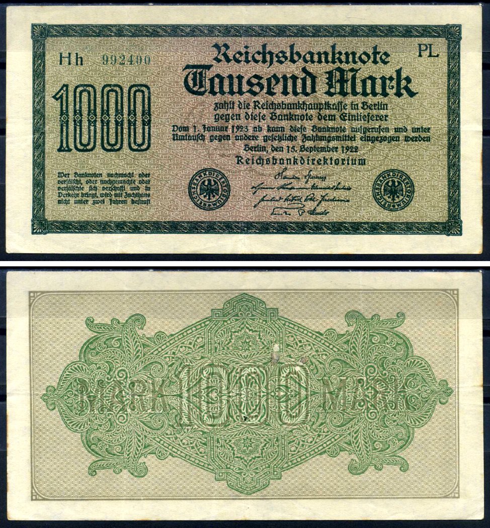 Германия 1000 марок 1922 выпуск 15 сентября 1922, водяной знак G, белая бумага, серия PL, буква Hh Pick 76 e (1) бумага 8592-31-1-2