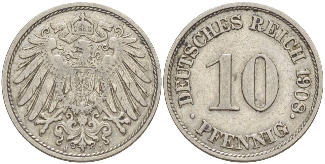 Германия 10 пфеннигов 1908 J KM 12, Jager 13, Weege 8 медно-никель 219-144