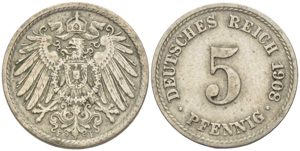 Германия 5 пфеннигов 1908 F KM 11, Jager 12, Weege 6 медно-никель 105-133