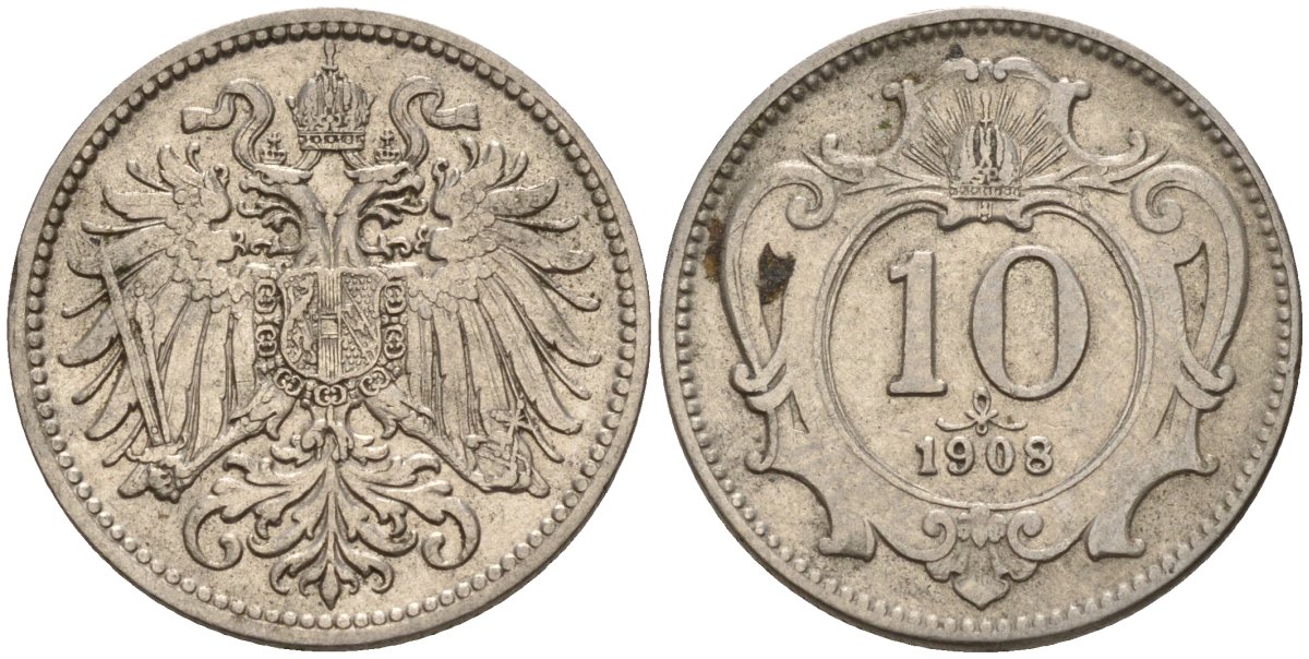 Австрия 10 геллеров 1908 Франц Иосиф (1848-1916) KM 2802 никель 4152-125