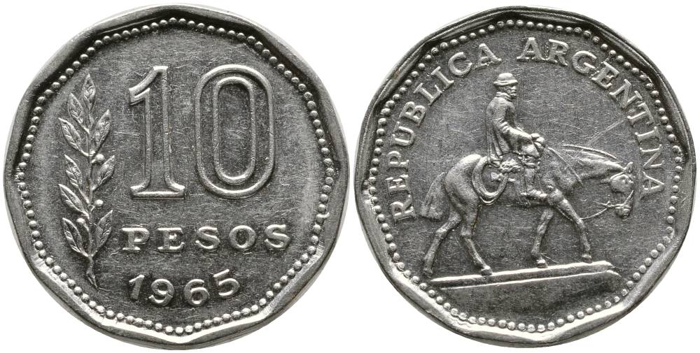 Аргентина 10 песо 1965 Гаучо KM 60 никелированная сталь 4525-945