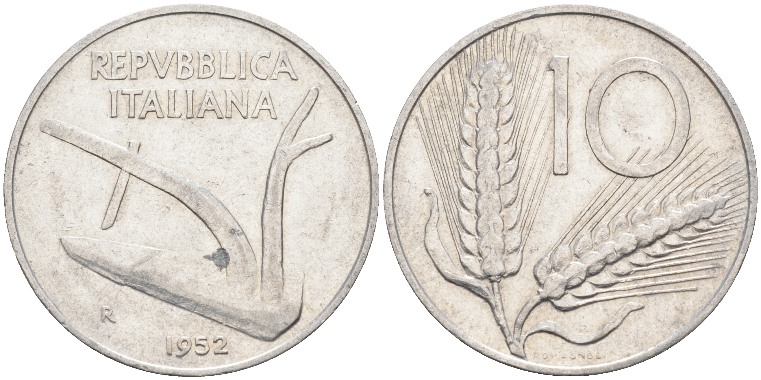 Италия 10 лир 1952 R, плуг KM 93 алюминий    4595-144
