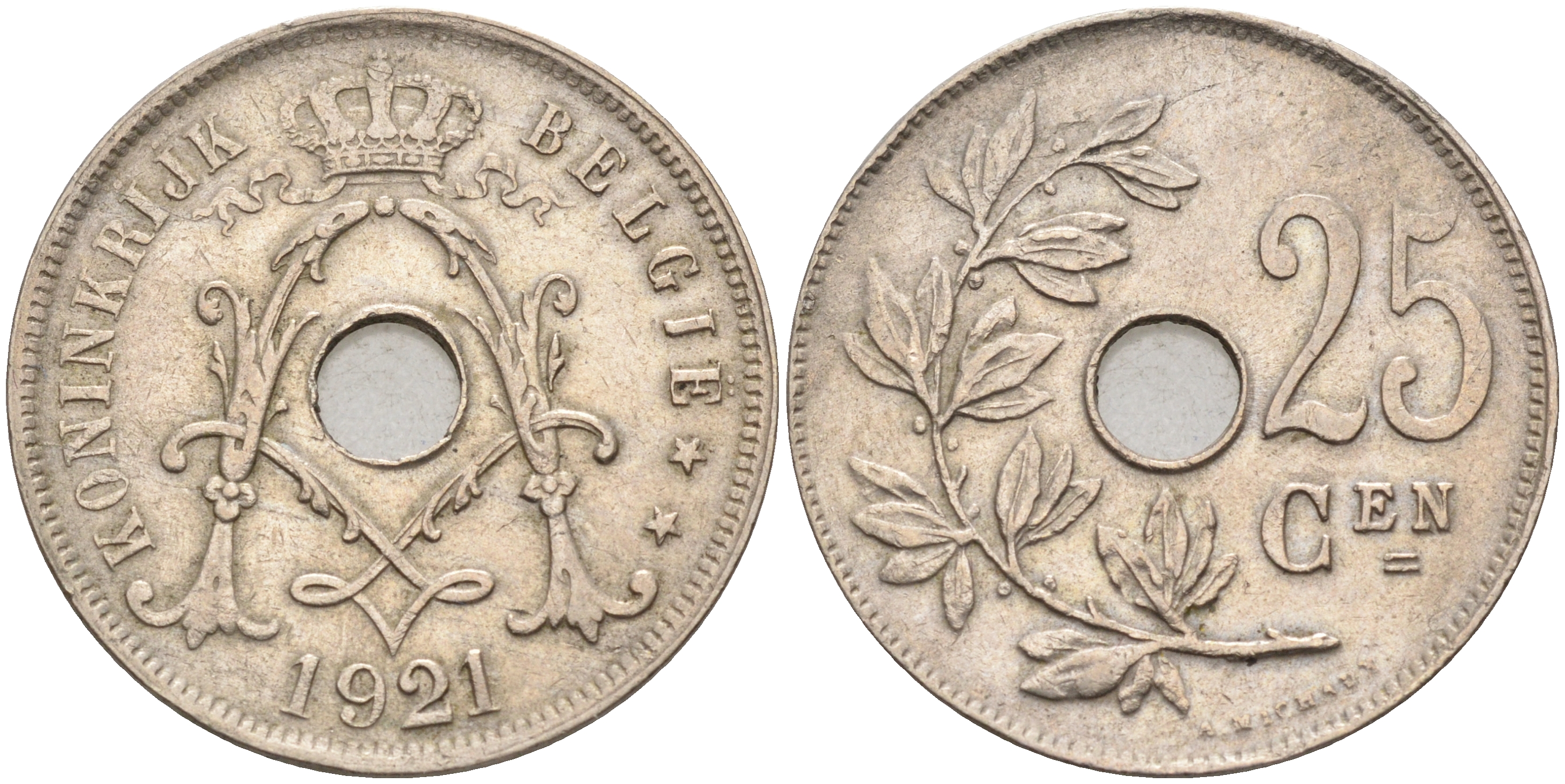 БЕЛЬГИЯ 25 САНТИМОВ 1921 BELGIE KM 69 медно-никель 63-1143