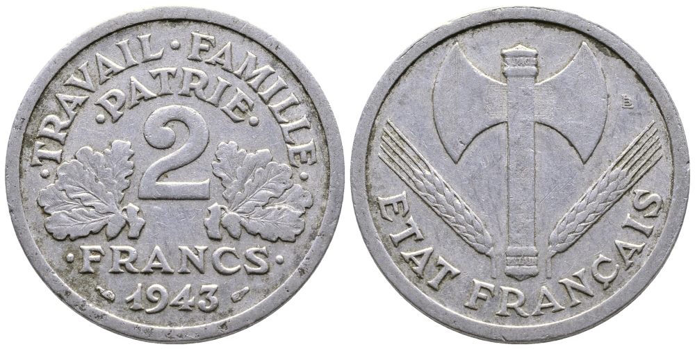 Франция 2 франка 1943 правительство Виши KM 904.1 алюминий 4606-916