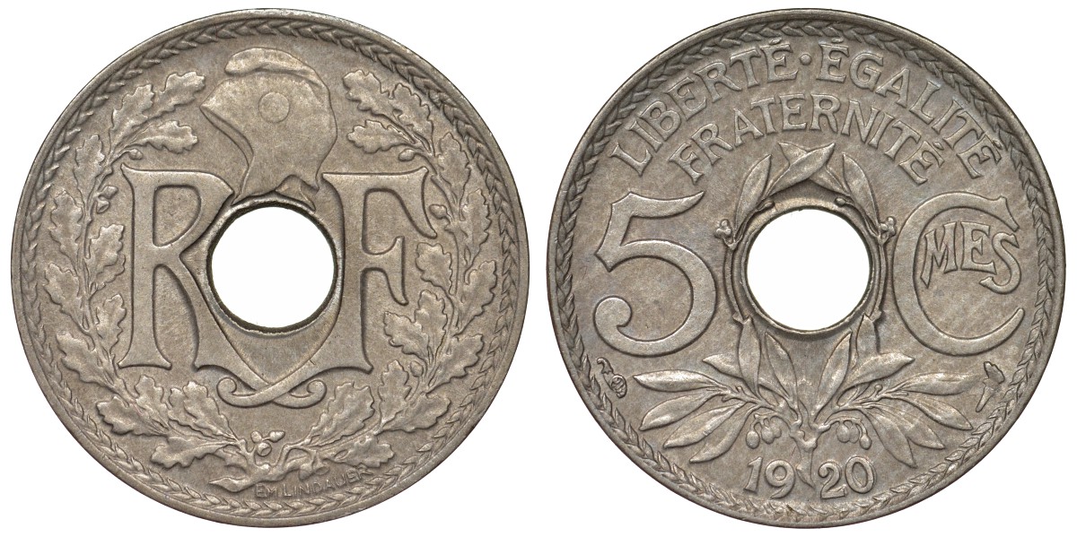 Франция 5 сантимов 1920 3 гр. KM 865, Le Franc 121.4 медно-никель 4128-126