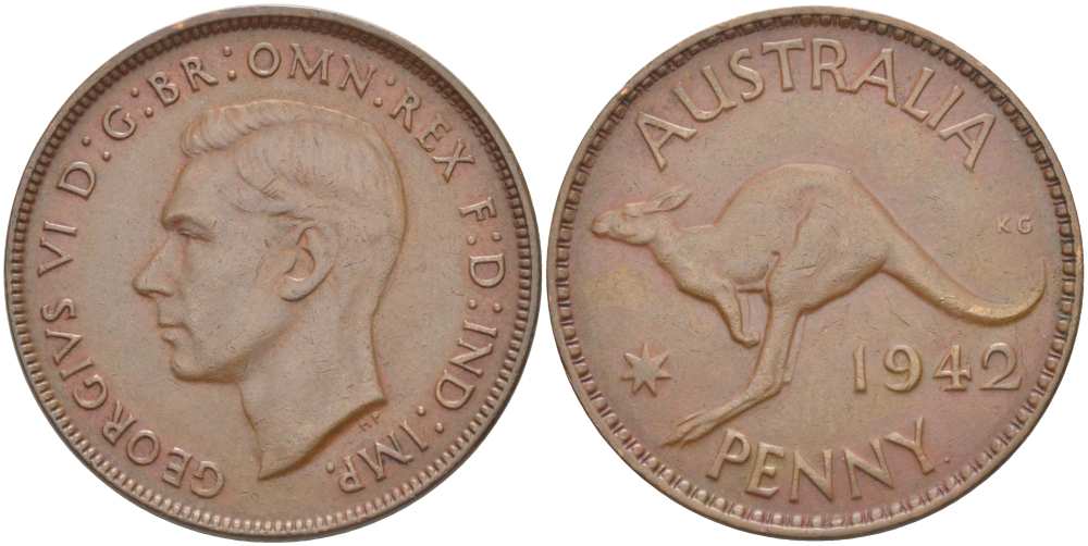 Австралия 1 пенни 1942 p, Георг VI (1936-1952), кенгуру, без буквы I KM 36 бронза 4512-1131