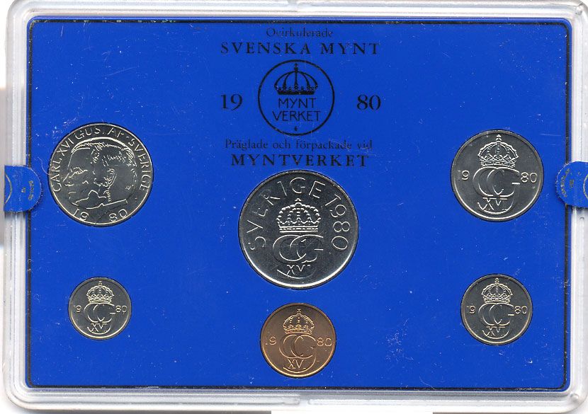 Швеция набор монетного двора из 6 монет 1980 в пластике, Карл XVI Густав (1973- ) KM MS15 UNC 4-3-6-118