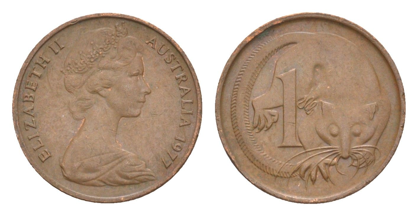 Австралия 1 цент 1977 Елизавета II (1952-2022), молодой портрет, опоссум KM 62 бронза 4585-517