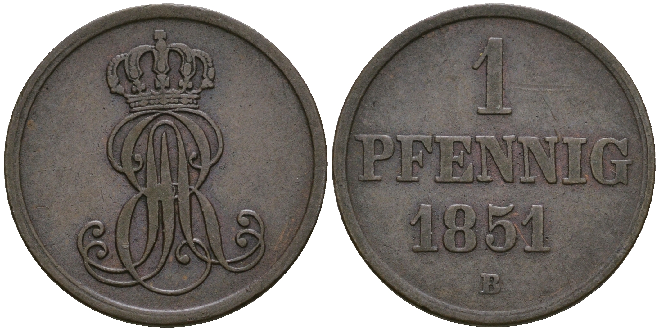 Ганновер 1 пфенниг 1851 B, Эрнст Август (1837-1851) KM 201.1, AKS 129, J. 74 медь 4608-1116