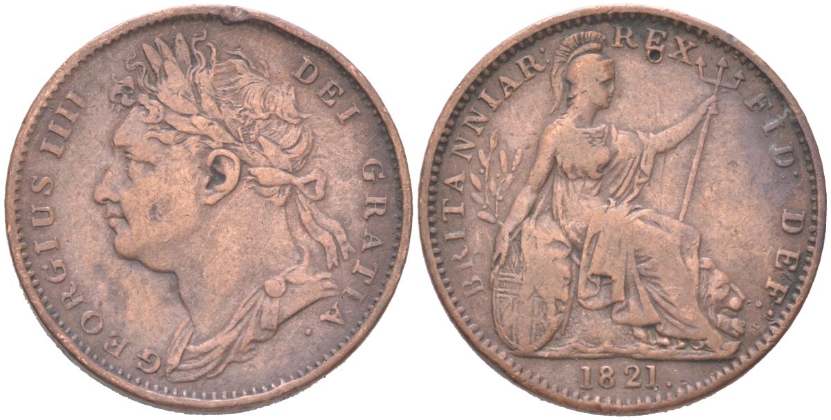 Великобритания 1 фартинг 1821 Георг IV (1820-1830) KM 677, Spink 3822 медь 4613-353