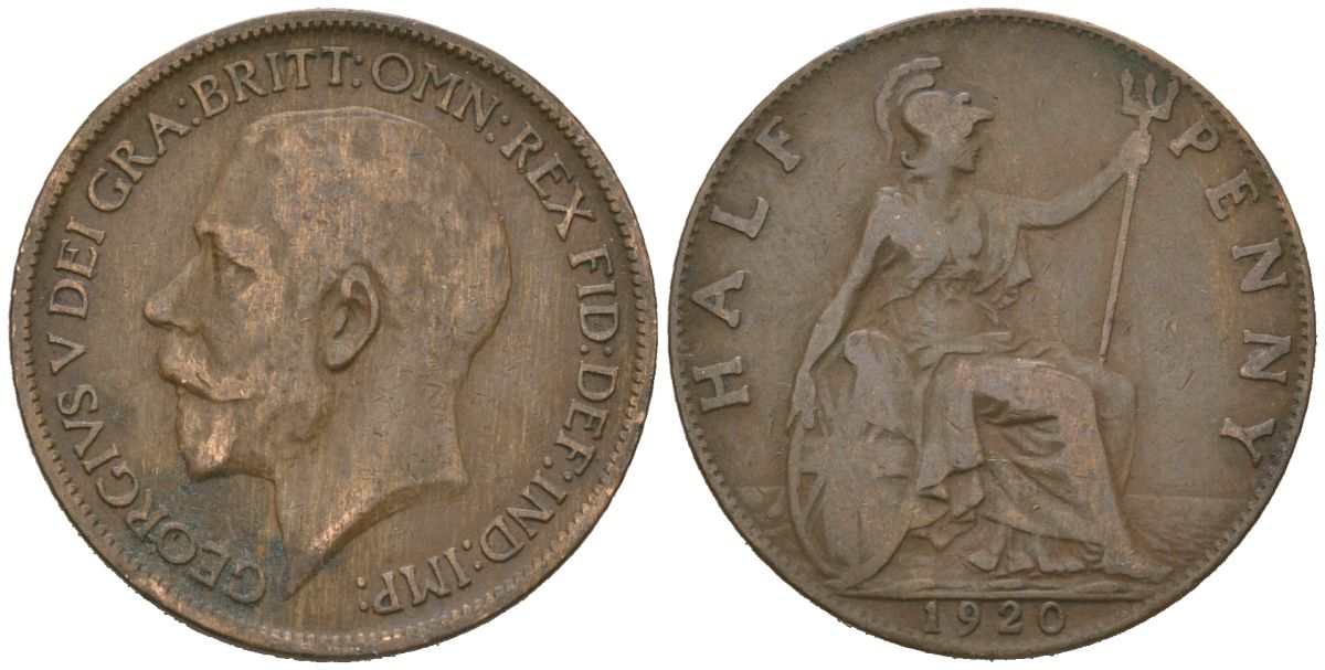 Великобритания 1/2 пенни 1920 Георг V (1910-1936) KM 809, Spink 4056 бронза 92-513