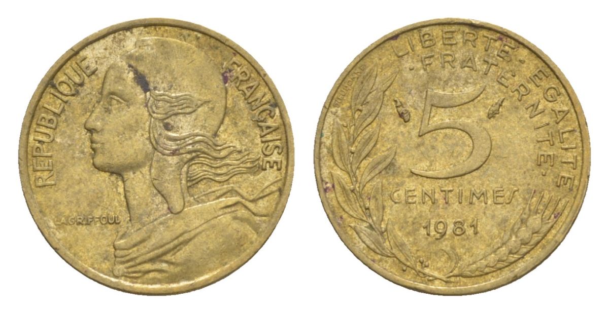 Франция 5 сантимов 1981 тип Morlon KM 933, Le Franc 125.17 алюминиевая бронза 4630-336