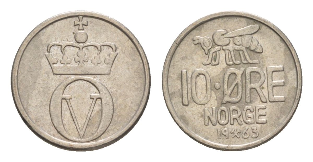 Норвегия 10 эре 1963 Улаф V (1957-1991) KM 411 медно-никель aUNC 4632-1149
