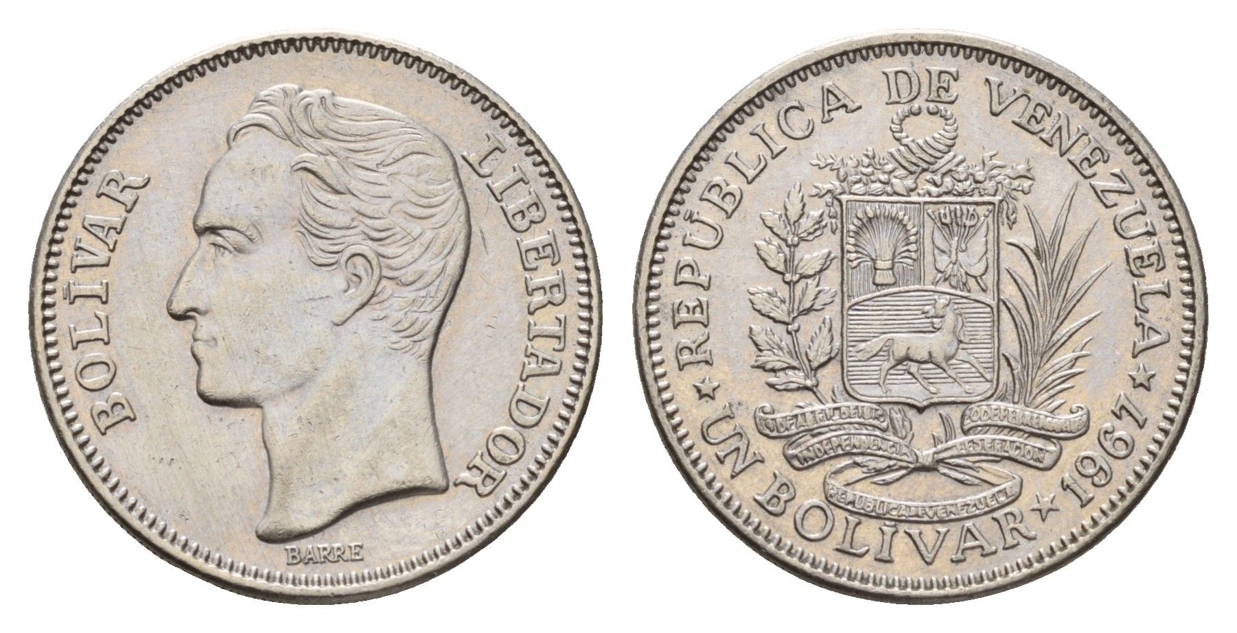 Венесуэла 1 боливар 1967 Симон Боливар, год-тип Y 42 никель aUNC 4116-212