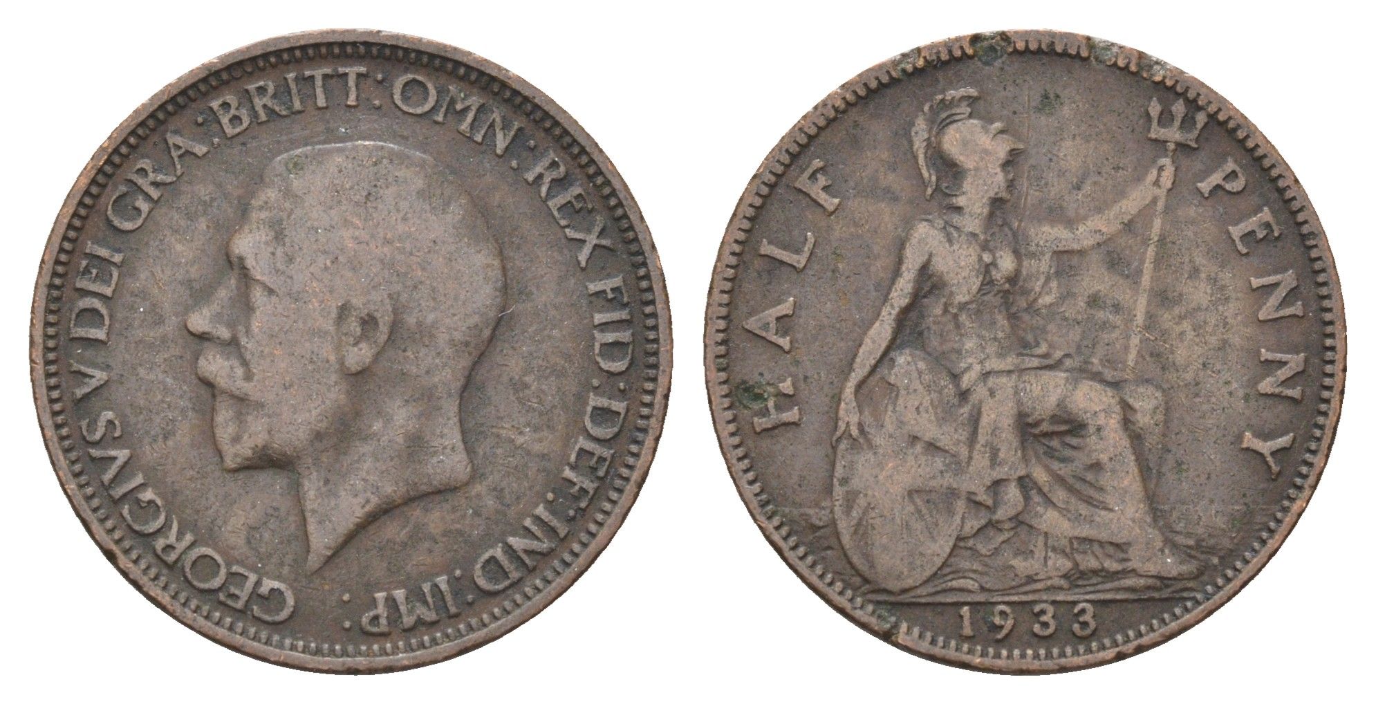 Великобритания 1/2 пенни 1933 Георг V (1910-1936) KM 837, Spink 4058 бронза    4660-554