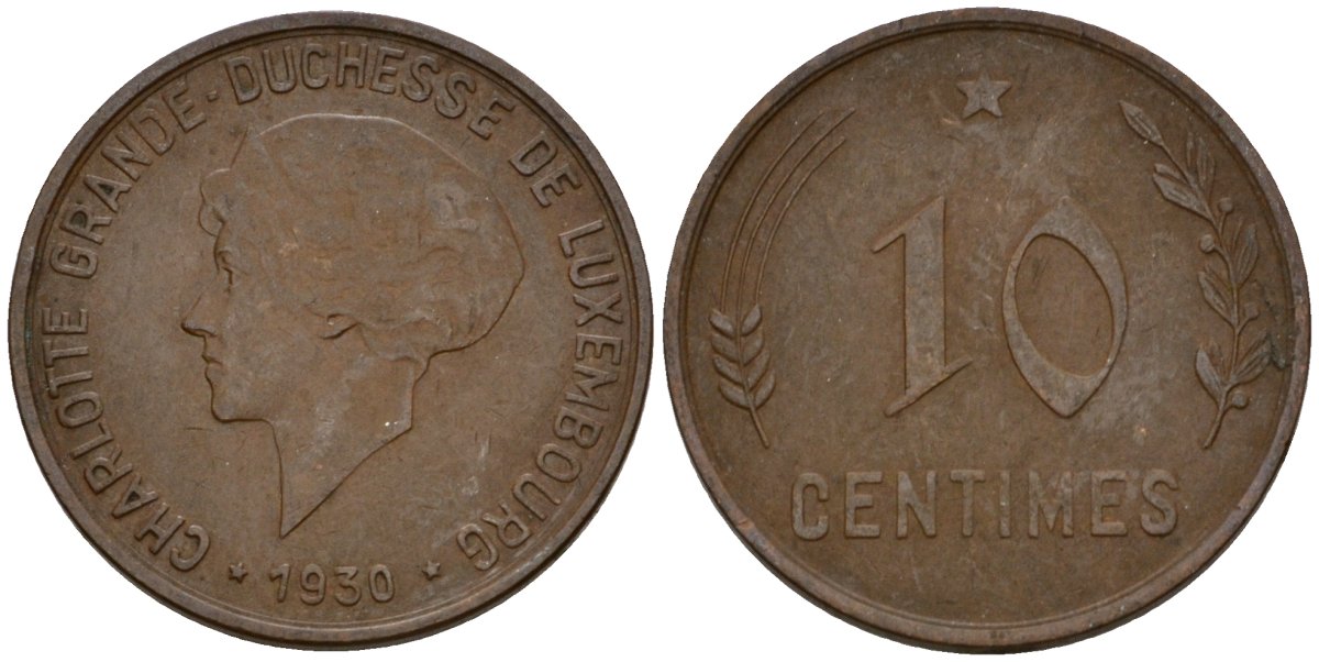 Люксембург 10 сантимов 1930 Шарлотта (1918-1964) KM 41 бронза 4577-631