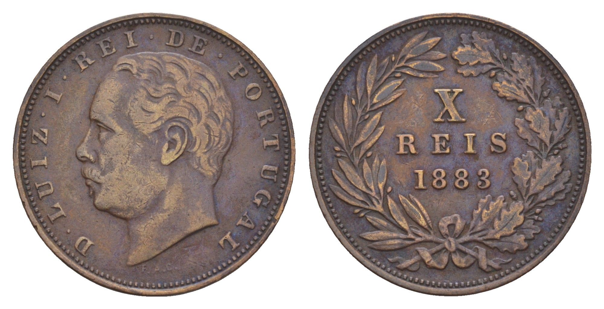 Португалия 10 реалов (рейсов) 1883 Луиш I (1861-1889) KM 526 бронза 4657-827