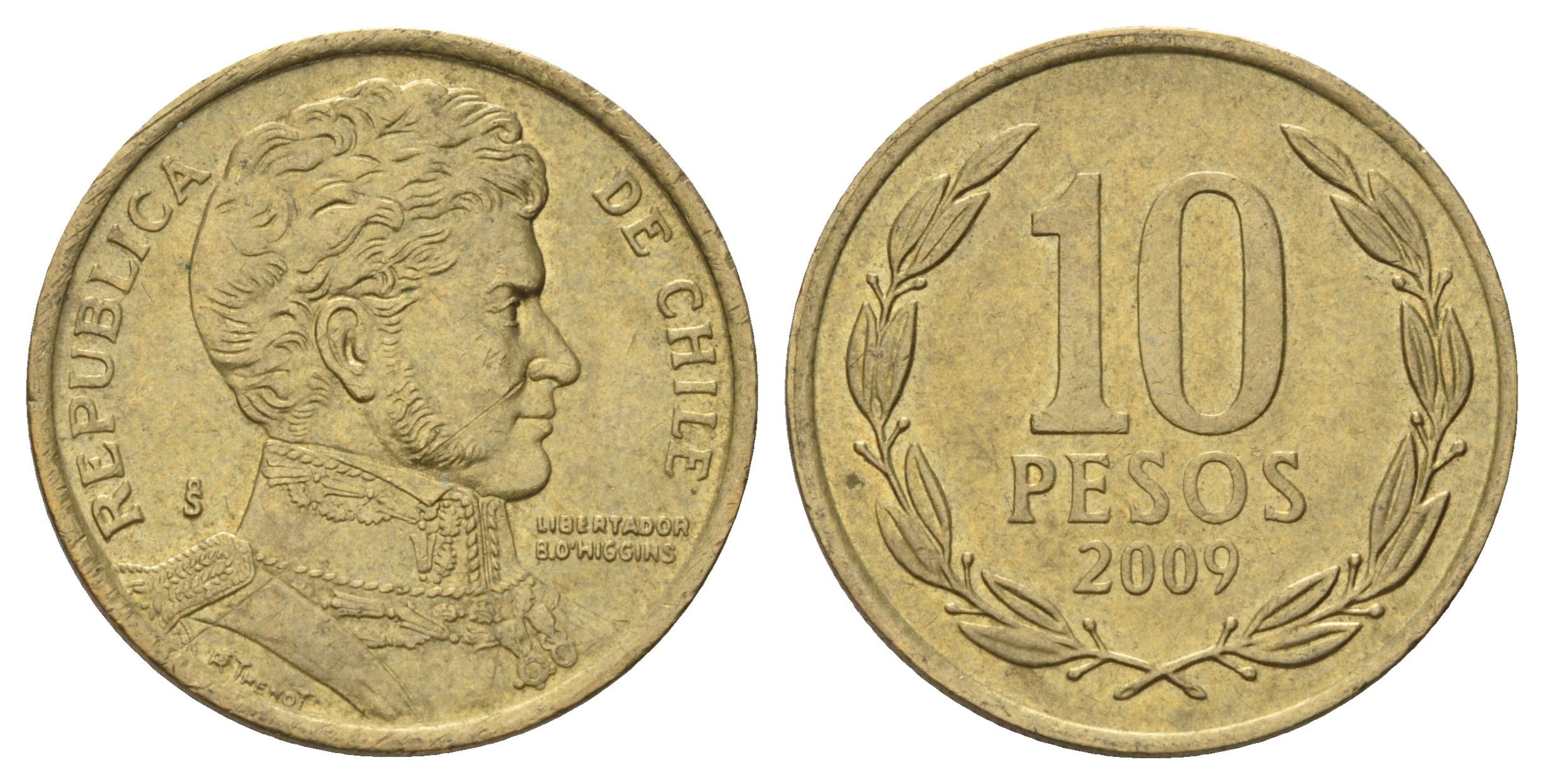 Чили 10 песо 2009 KM 228 никель латунь 4689-269