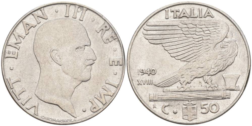 ИТАЛИЯ 50 ЧЕНТЕЗИМО 1940 R, ГОД XVIII, ВИКТОР ЭММАНУИЛ III (1900-1946), немагнитная, ГУРТ РИФЛЁНЫЙ KM 76а, VEM3. 1062a) нержавеющая сталь 3853-256