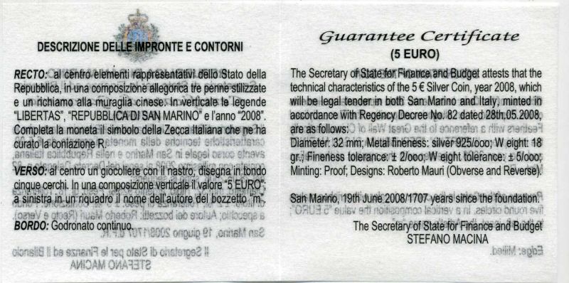 Сан-Марино 5 евро 2008 Олимпиада в Пекине, танец с лентами KM 513 серебро PROOF 4-3-2-05