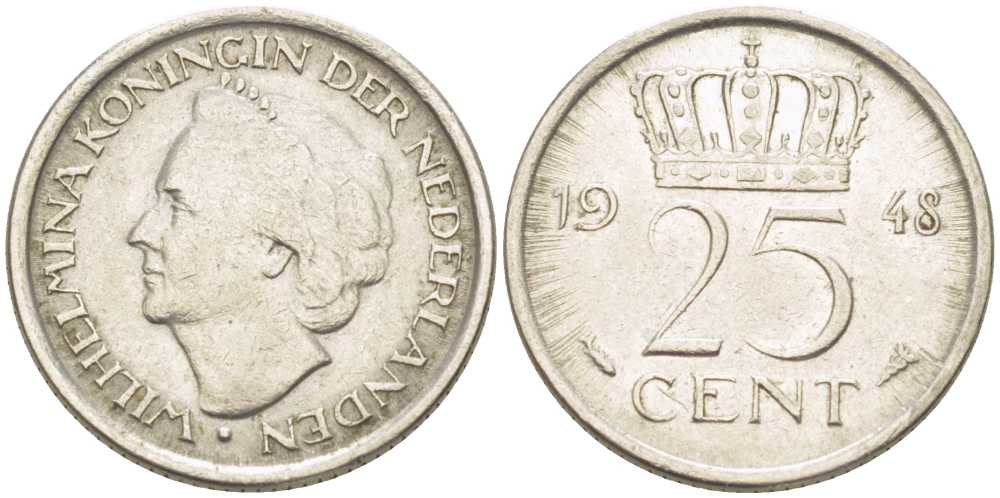 НИДЕРЛАНДЫ 25 ЦЕНТОВ 1948 ВИЛЬГЕЛЬМИНА (1890-1948) KM 177 никель 211-621