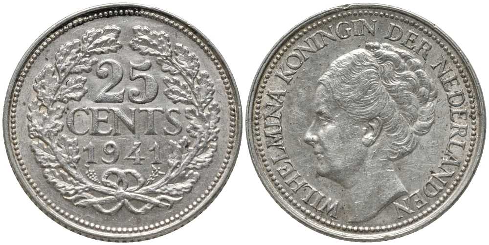 НИДЕРЛАНДЫ 25 ЦЕНТОВ 1941 ВИЛЬГЕЛЬМИНА I (1890-1948) КМ 164 серебро 202-553