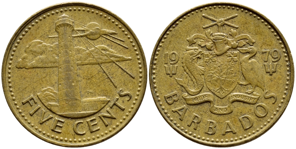 Барбадос 5 центов 1979 маяк Саут-Пойнт KM 11 латунь 4398-514