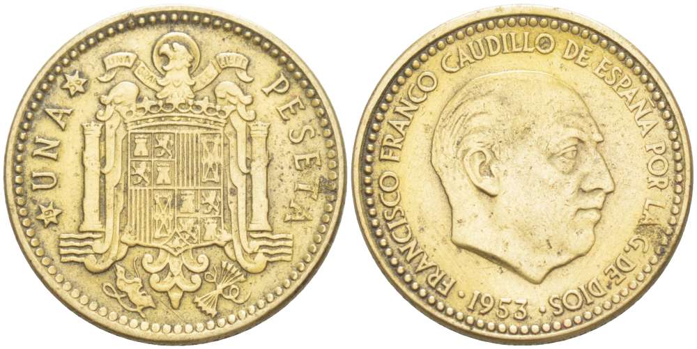 Испания 1 песета 1953 (56) Франциско Франко (1939-1975) KM 775 алюминиевая бронза 4519-914