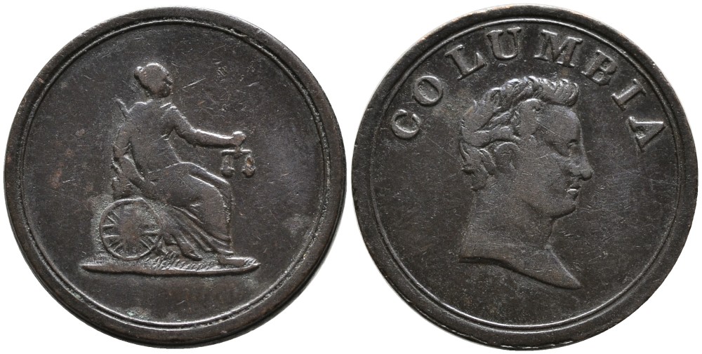 КОЛУМБИЯ ЖЕТОН 1800-Е ИМПЕРАТОР, ФЕМИДА, 'КОЛУМБИЙСКИЙ ФАРТИНГ' медь 4529-853