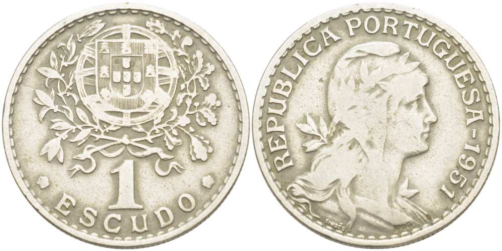 ПОРТУГАЛИЯ 1 ЭСКУДО 1951 ГОЛОВА СВОБОДЫ ВПРАВО KM 578 медно-никель 4517-432