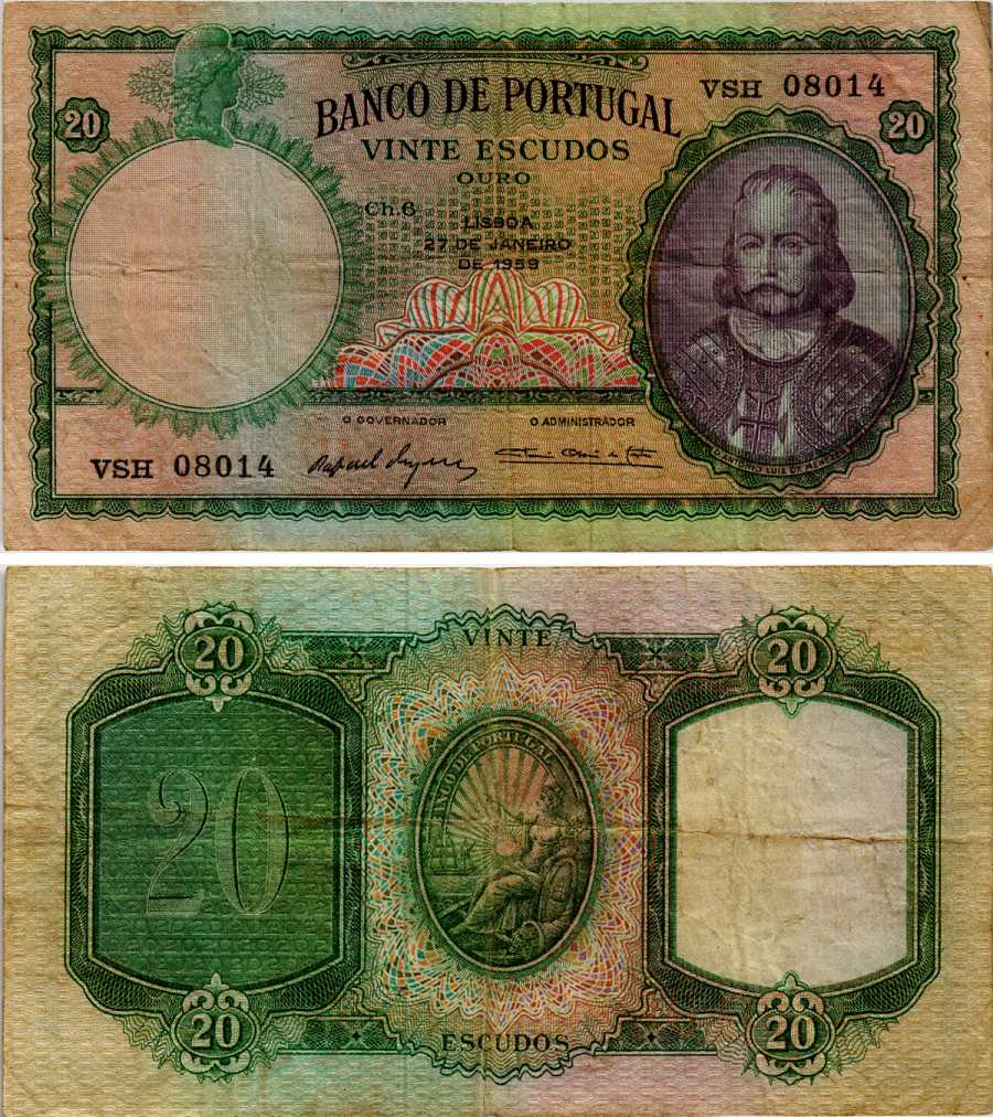 Португалия 20 эскудо 1959 27 января 1959, Антониу Луис де Менезес, 1-й маркиз Мариалва Pick 153b бумага 6281-25-3-1