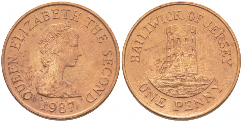 Джерси 1 пенни 1987 Елизавета II (1952-2022), башня Святого Клемента KM 54 бронза UNC 3996-1037