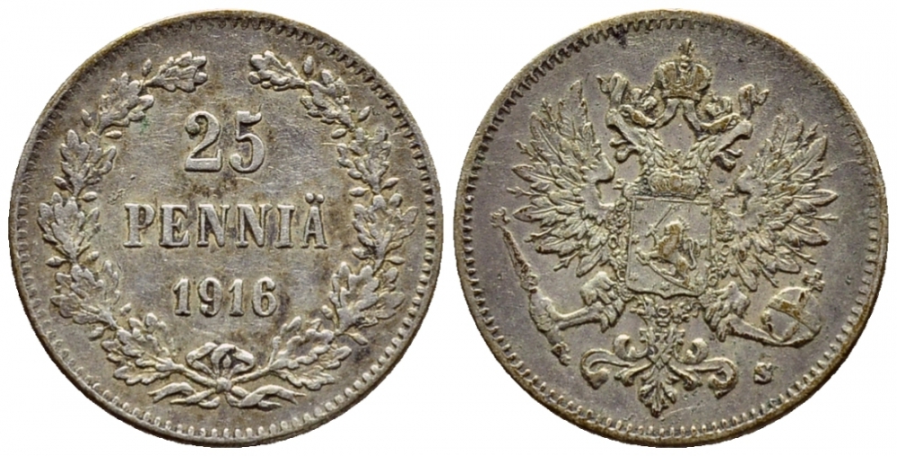 Россия для Финляндии 25 пенни 1916 S, Николай II (1894-1917) KM 6.2, Биткин 421 серебро 633-143