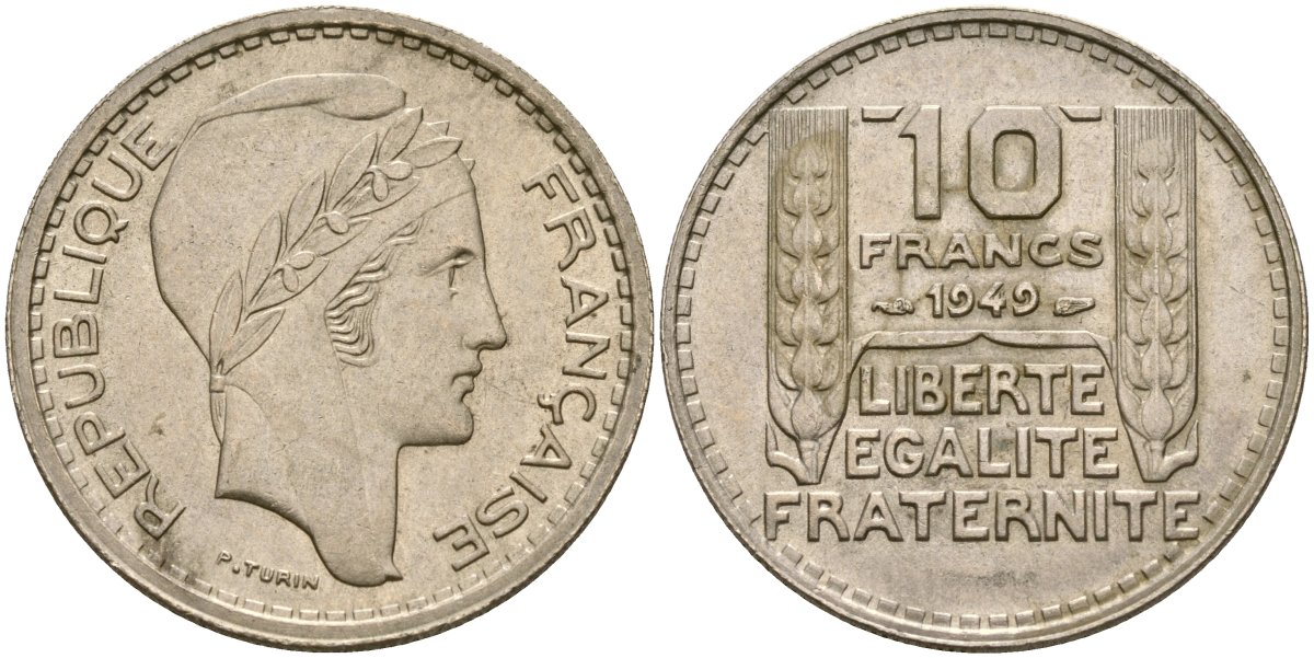 Франция 10 франков 1949 B, тип Пьер Турин, Grosse Tete KM 909.1, Le Franc 362.3 медно-никель 4137-626