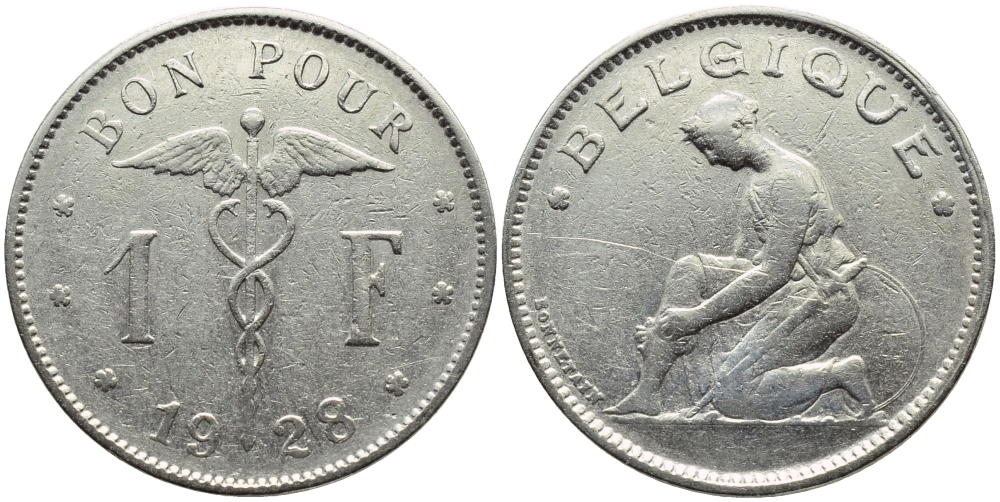 БЕЛЬГИЯ 1 ФРАНК 1928 BELGIQUE KM 89 никель 23-942
