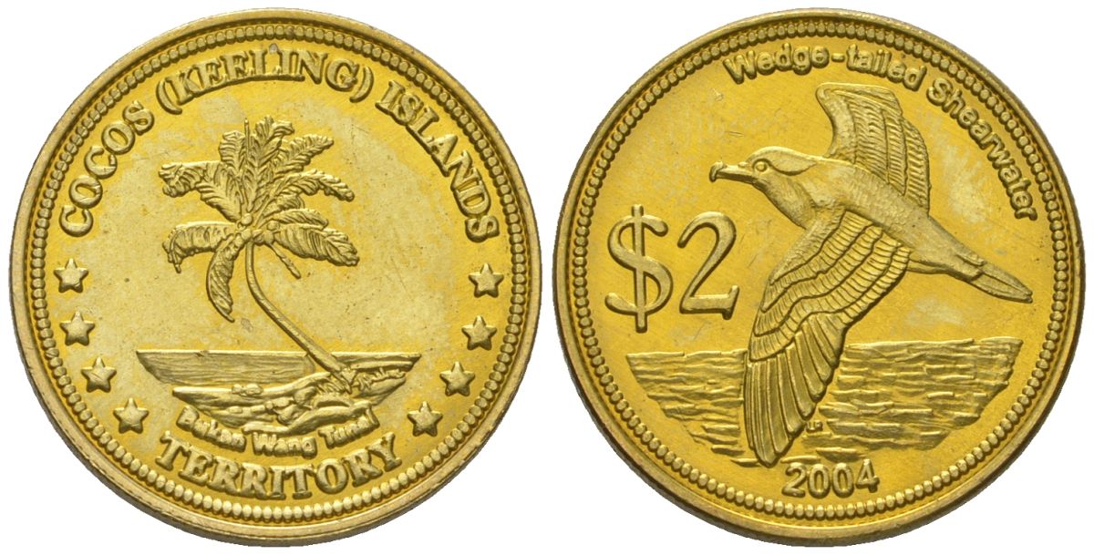 Кокосовые острова 2 доллара 2004 X 16 латунь BU 4608-323