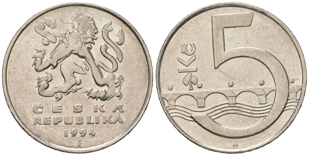 Чехия 5 крон 1994 KM 8 сталь плакированная никелем 4616-1235