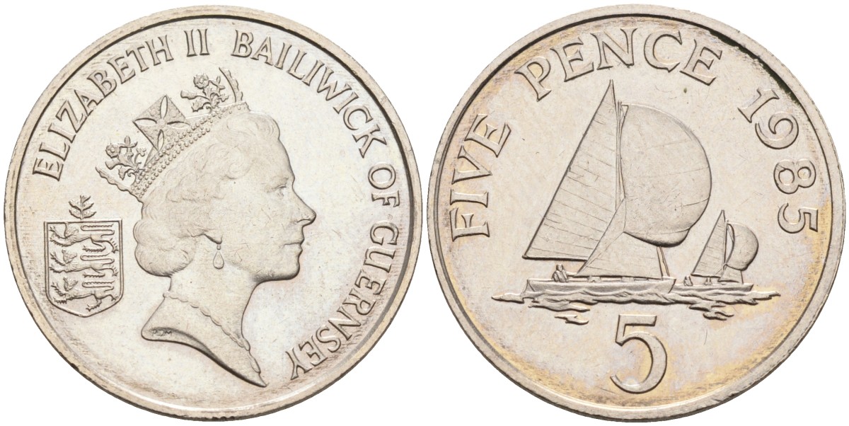 Гернси 5 пенсов 1985 регата KM 42.1 медно-никель UNC 4582-247