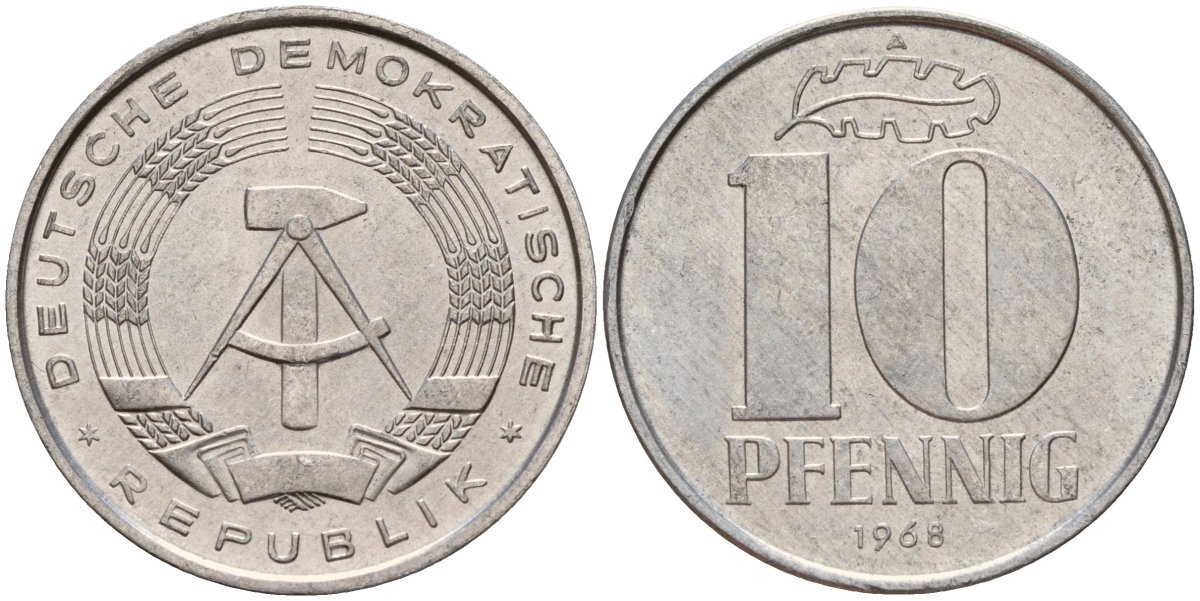 ГДР 10 пфеннигов 1968 A KM 10 алюминий 67-1017