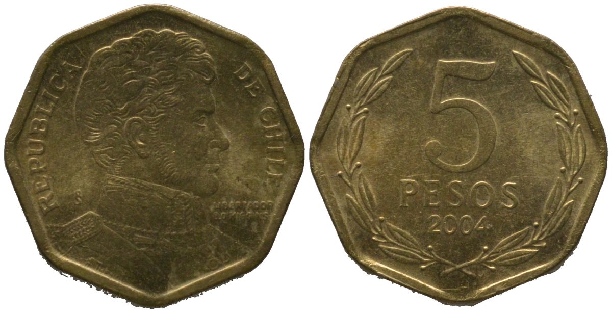 Чили 5 песо 2004 So KM 232, Schon 81 алюминиевая бронза aUNC 4387-1014