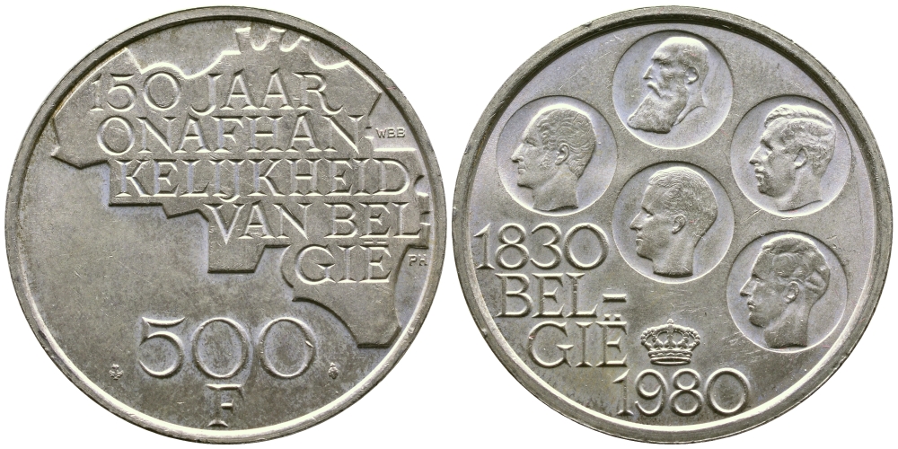Бельгия 500 франков 1980 150 лет независимости, Belgie, Бодуэн I (1951-1993) KM 162 медно-никель покрытый серебром UNC 74-622