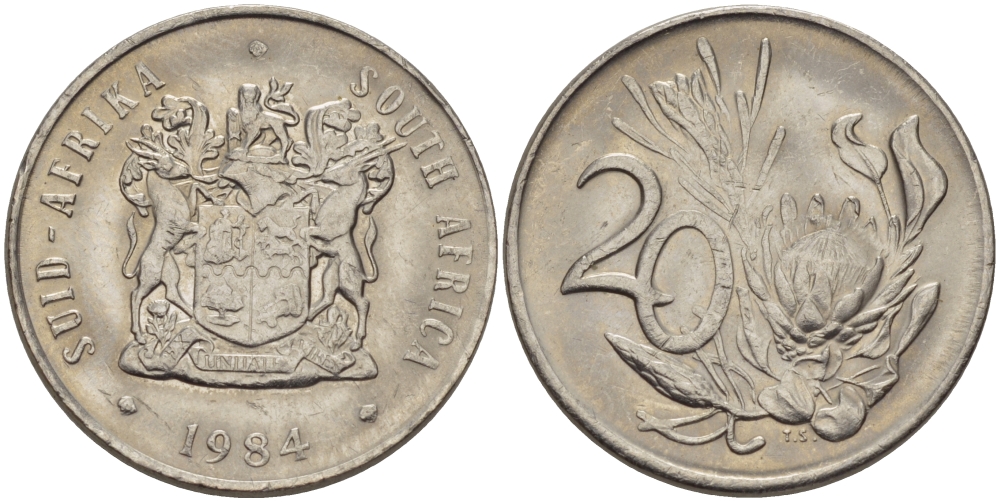 ЮАР 20 центов 1984 герб, цветок протея KM 86  никель UNC 67-455
