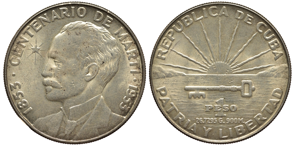 Куба 1 песо 1953 100 лет со дня рождения Хосе Марти KM 29 серебро    1530-725