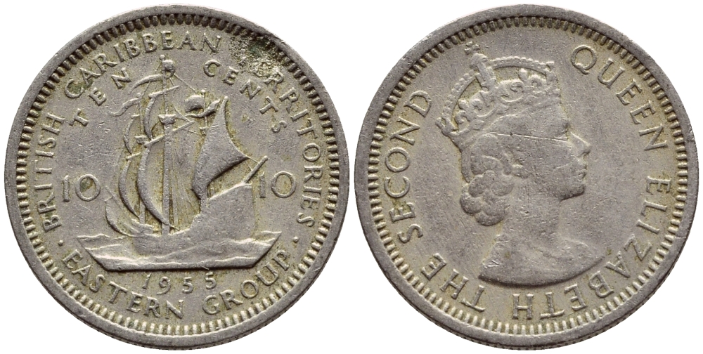 Британские Восточно-Карибские территории 10 центов 1955 Елизавета II (1952-2022), парусник KM 5 медно-никель 4387-221