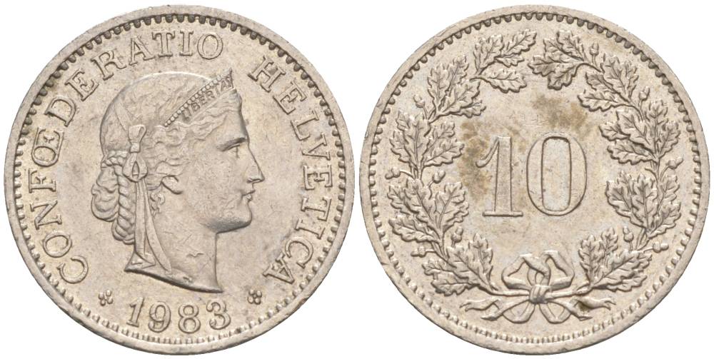 ШВЕЙЦАРИЯ 10 РАППЕНОВ 1983 KM 27 медно-никель 55-523