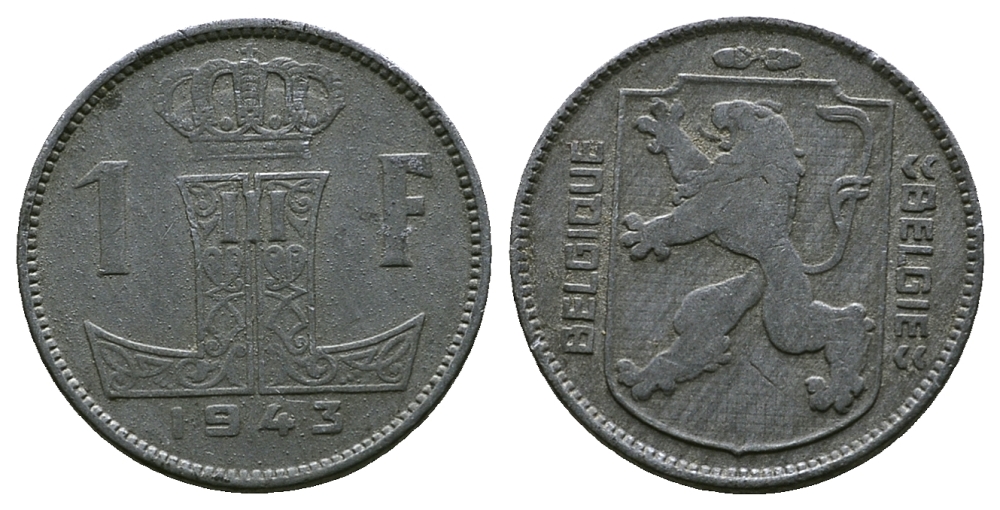 БЕЛЬГИЯ 1 ФРАНК 1943 BELGIQUE - BELGIE KM 127 цинк 4384-124
