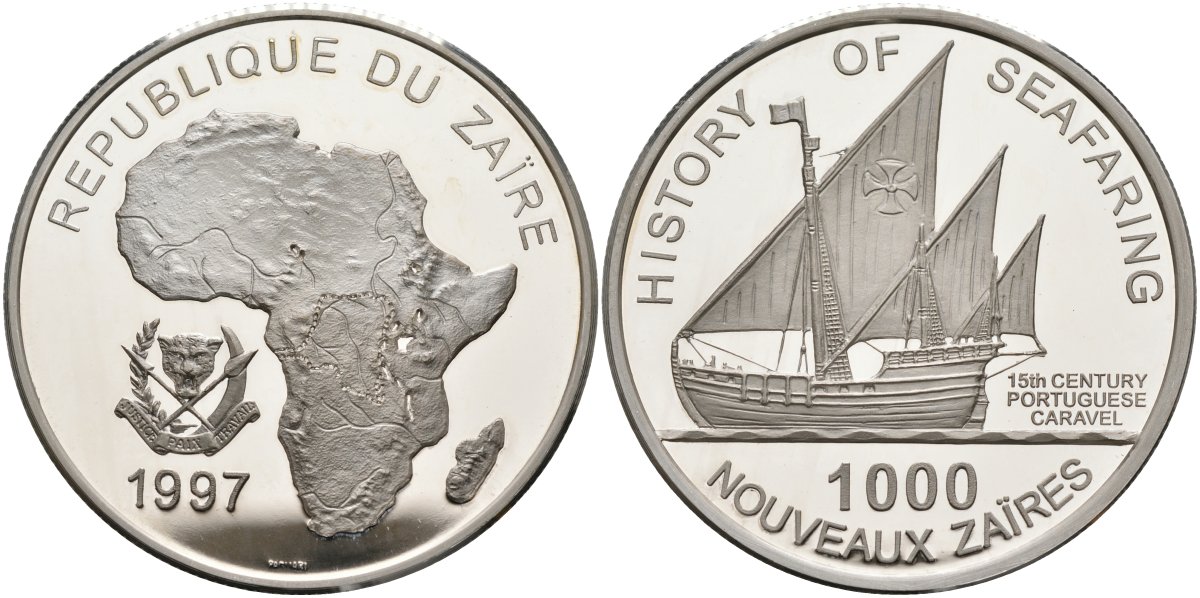 Заир 1000 новых заиров 1997 мореплавание, Португальская каравелла (парусник), тираж 20000 экз. KM 24 серебро PROOF 00-000-00